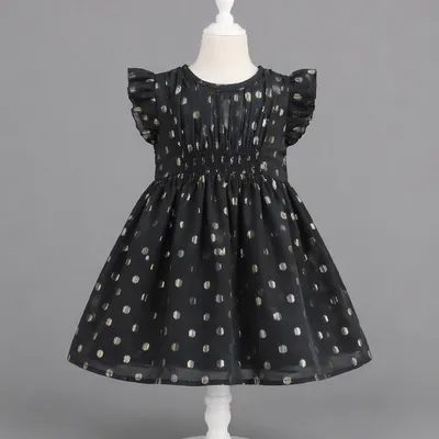 🖤 Baby Girls Black Party Dress with Gold Polka Dots