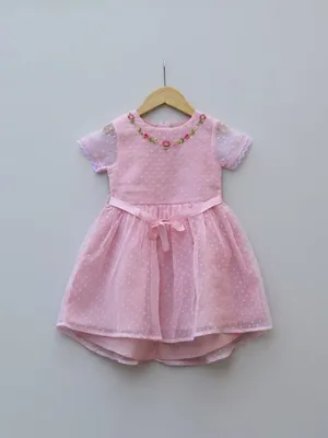 Pink Embroidered Net Party Frock for Baby Girls