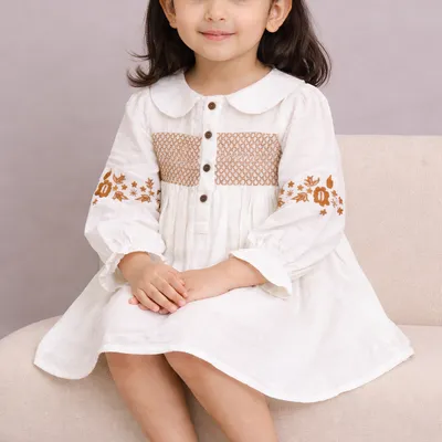 Off-White Embroidered Cotton Frock – Full Sleeve | Premium Comfort Wear