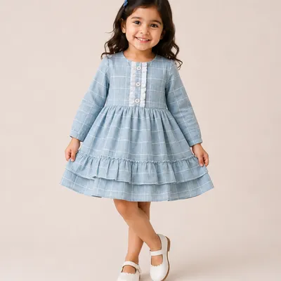 Frockwala Girls Premium Sky Blue Cotton Checkered Frock