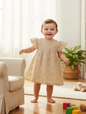 Beige Cotton Embroidered Baby Dress