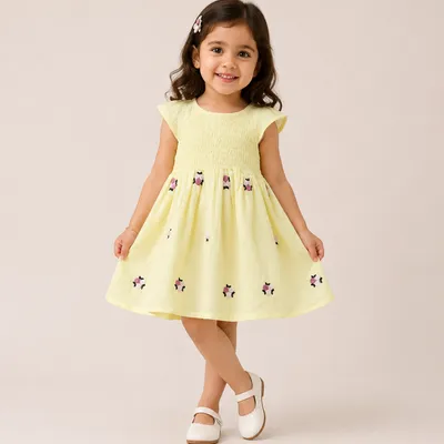 Lemon Yellow Cotton Embroidered Frock