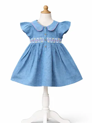 Denim-Look Cotton Frock with Embroidered Smocking