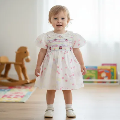 Floral Embroidered smoking Cotton Frock with Lace Collar