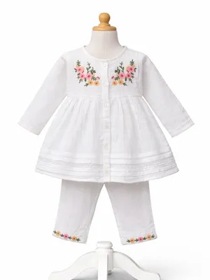Frockwala Baby Girls White Cotton Embroidered Co-Ord Set – Top & Pants
