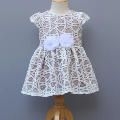 White Lace Party Dress with Floral Waist Detail