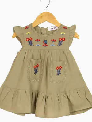 Beige Floral Embroidered Cotton Dress