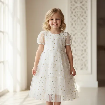 White & Gold Layered Net Party Frock