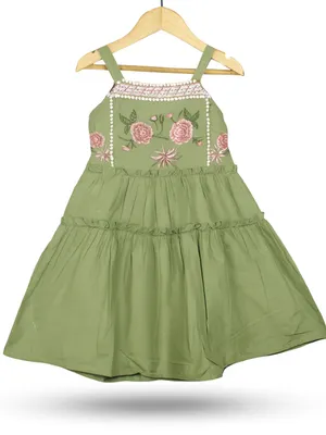 Frockwala Girls Olive Green Tiered Embroidered Cotton Frock