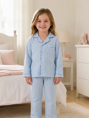 Light Blue Striped Cotton Night Suit for girls