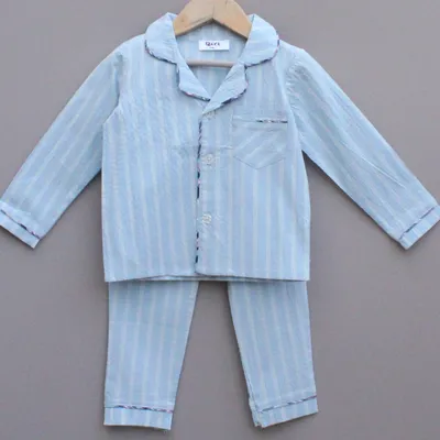 Light Blue Striped Cotton Night Suit for girls
