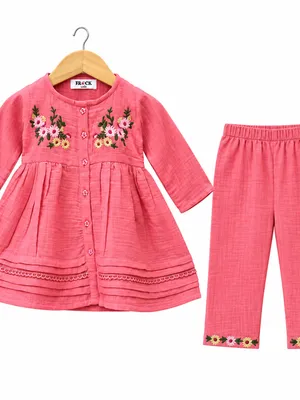 Frockwala Girls Embroidered Cotton Kurti & Pant Set