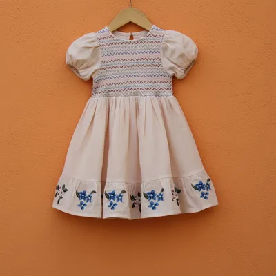 Cream Embroidered Cotton Frock