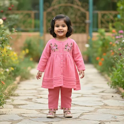 Peach Floral Embroidered Cotton Kurti & Pant Set for Girls