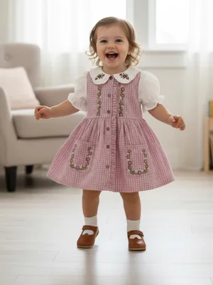 Pink Gingham Embroidered Cotton Frock