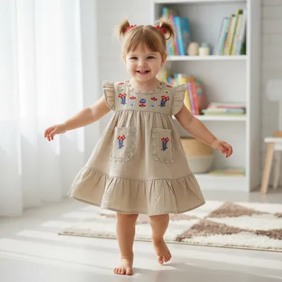 Beige Floral Embroidered Cotton Dress