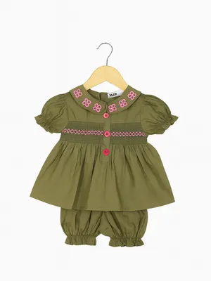 Olive Green Cotton Smocked Co-ord Set for Baby Girls