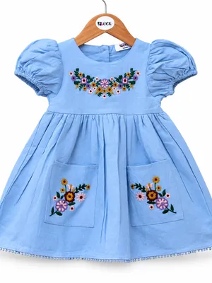 Sky Blue Linen Cotton Embroidered Dress for Girls