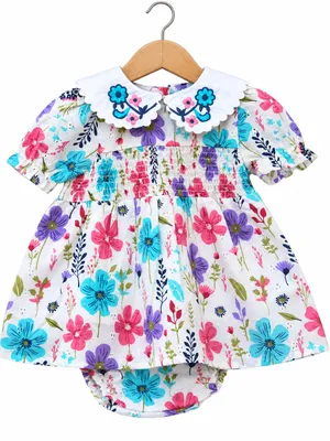 Floral Printed Cotton Frock with Embroidered Collar
