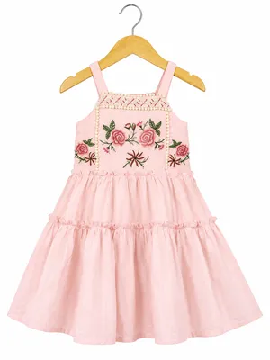 Frockwala Girls Orange & Cream Tiered Embroidered Frock
