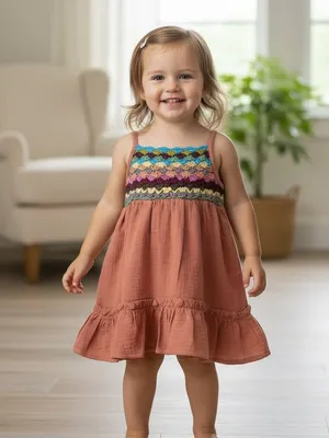Girls Terracotta Cotton Dress with Crochet Yoke