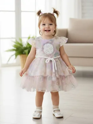 Pastel Floral Net Frock with Rope Belt and Lace Appliqué for Girls