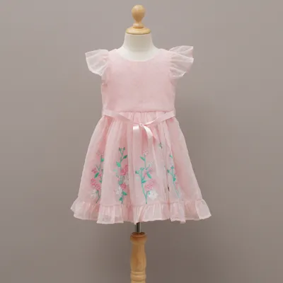 Girls’ Pink Embroidered Organza Frock
