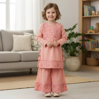 Girl Embroidered Sharara Set | 2-Piece Kurti & Sharara Suit
