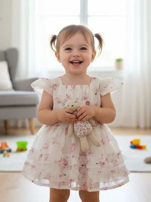 Baby Girls White Floral with Ruffle Hem & Button Detailing