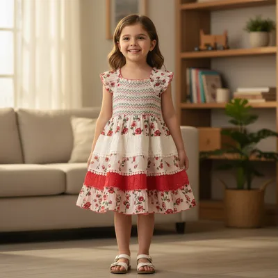 DressRed & White Floral Cotton Smocked Dress long design