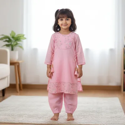 Peach Pink Embroidered Cotton Frock with payjama
