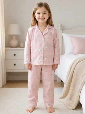 Pink Printed Cotton Night Suit for Girls
