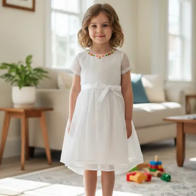 White Embroidered Net Party Frock