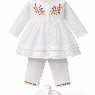 🌸 Baby Girls White Cotton Embroidered Co-Ord Set (Top & Pants)