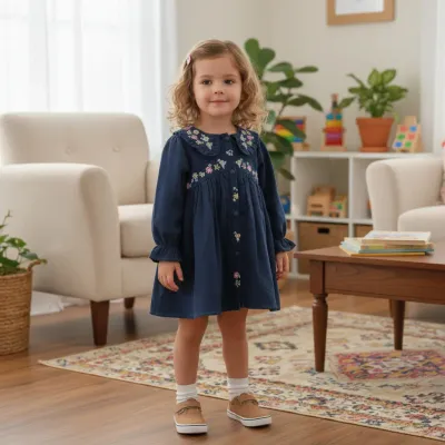Navy Blue Cotton Frock with Floral Embroidery & Ruffled Collar