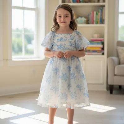 Blue Floral Printed Organza party Frock