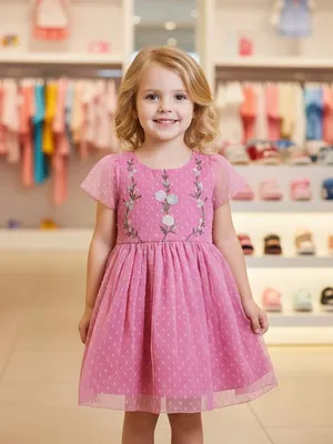 Girls Pink Embroidered Net Dress