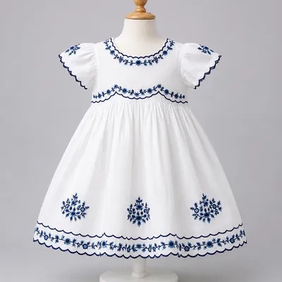 💙  White Embroidered Cotton Dress (Elegant Blue Floral Design)