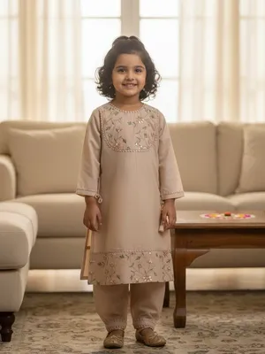 Elegant nut-brown Embroidered Kurta with Payjama Set for Baby