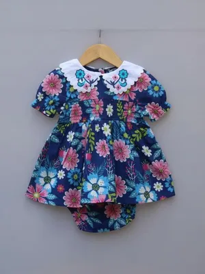 Navy Blue Floral Printed Cotton Baby Frock with Embroidered Collar