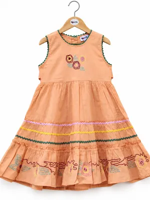 Peach cotton embroidered girls dress