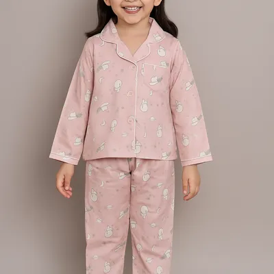 Pink Printed Cotton Night Suit for Girls