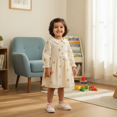 Cream Embroidered Cotton Frock for Baby Girls