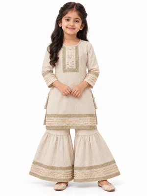 Cream Cotton Kurta and Sharara Set for Girls with Zari