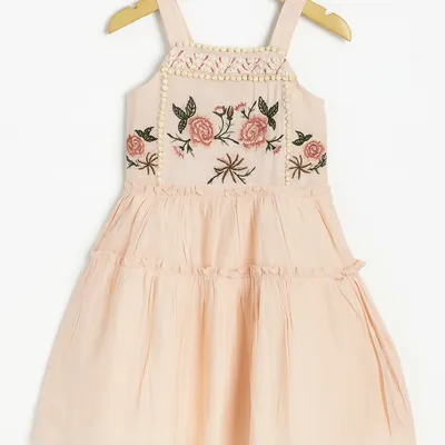 orange cream Tiered Cotton emboridary Frock for Girls