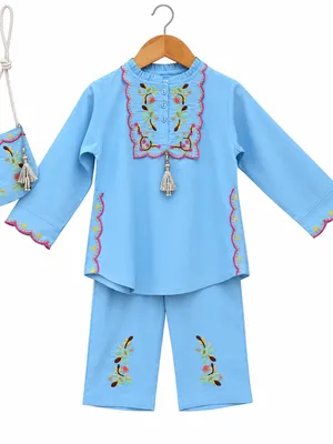 Girls Sky Blue Embroidered Co-ord Set with Sling Bag