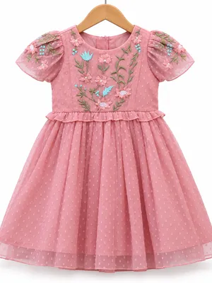 Peach Embroidered Net Party Frock for Baby Girls