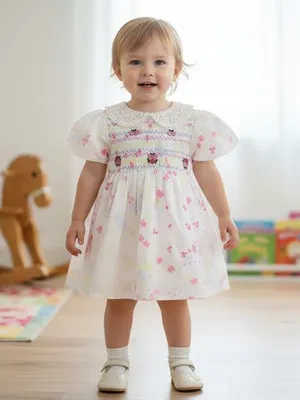 Floral Embroidered smoking Cotton Frock with Lace Collar
