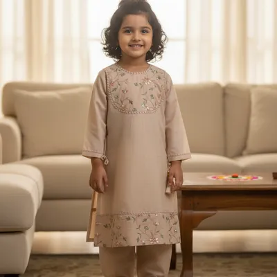 Elegant  nut-brown Embroidered Kurta with  Payjama Set for Baby