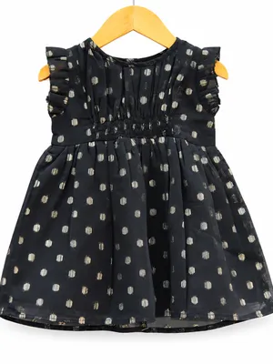 Frockwala Baby Girls Black Cotton Party Dress with Gold Polka Dots